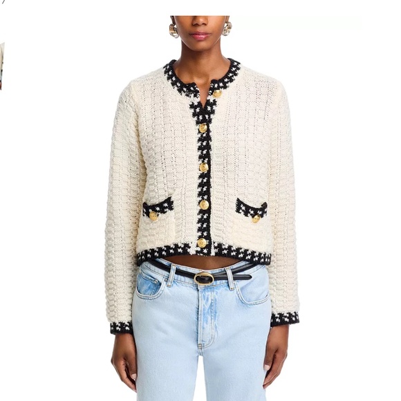 AQUA Basketweave Crewneck Cardigan Sweater – Ivory, Size L (NWT) - Picture 5 of 6